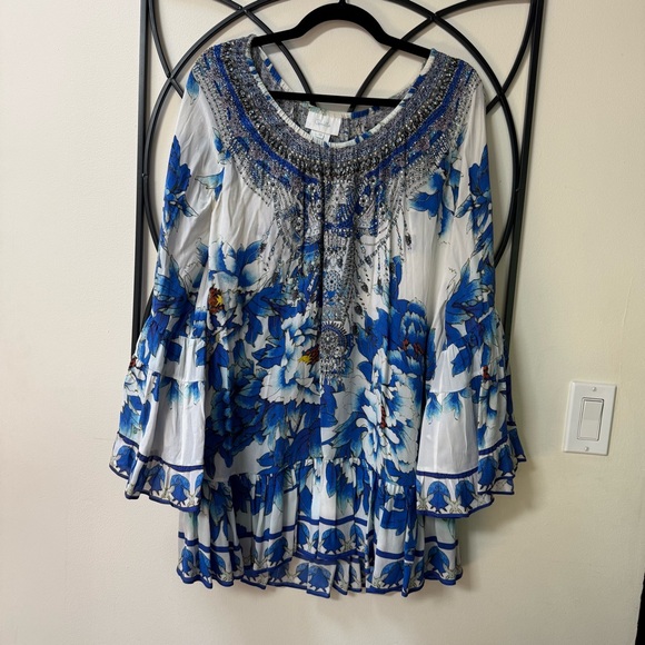 Camilla Tops - Camilla Blue and White Floral Blouse